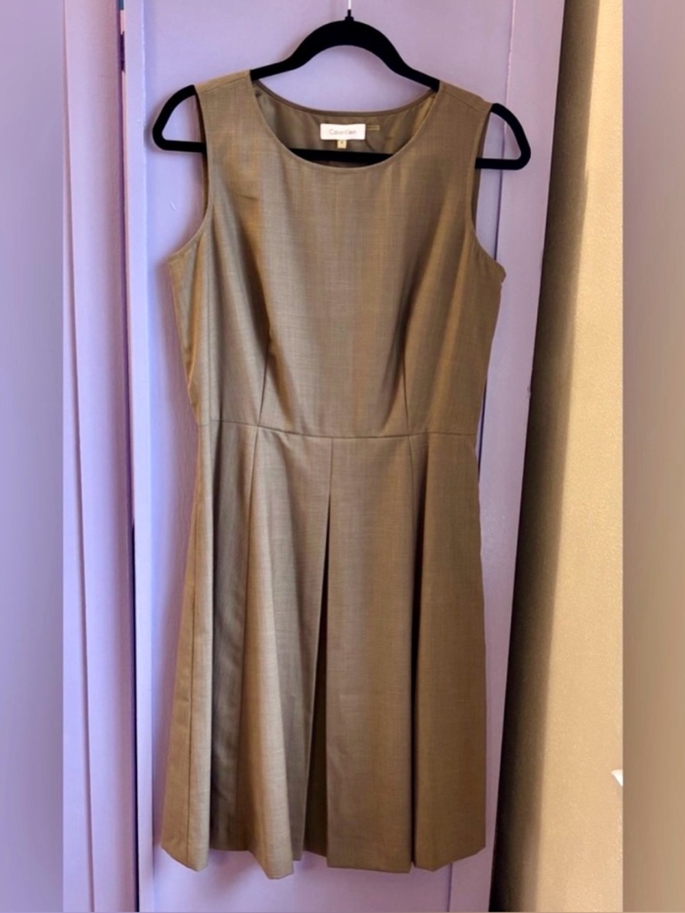 Calvin Klein Sleeveless Taupe tan brown Pleated A-Line Dress Fully lined